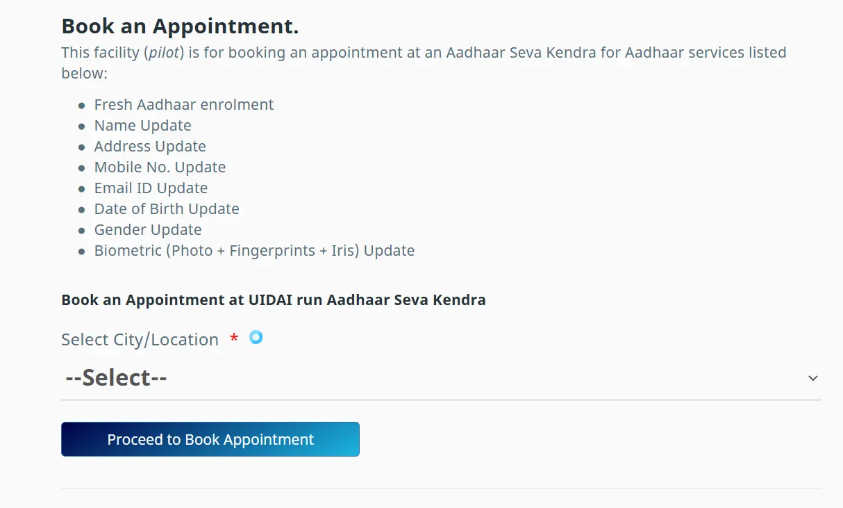 select city for aadhar enrollment appointment booking